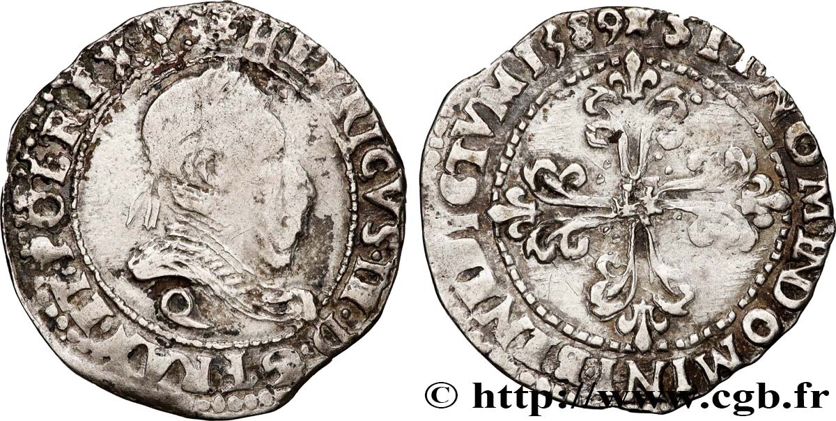 HENRY III Demi-franc au col plat 1589 Narbonne BC+/MBC