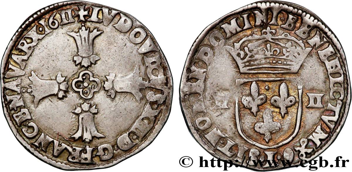 LOUIS XIII LE JUSTE Quart d écu, à la croix fleuronnée, titulature côté croix 1611 Bayonne TB+