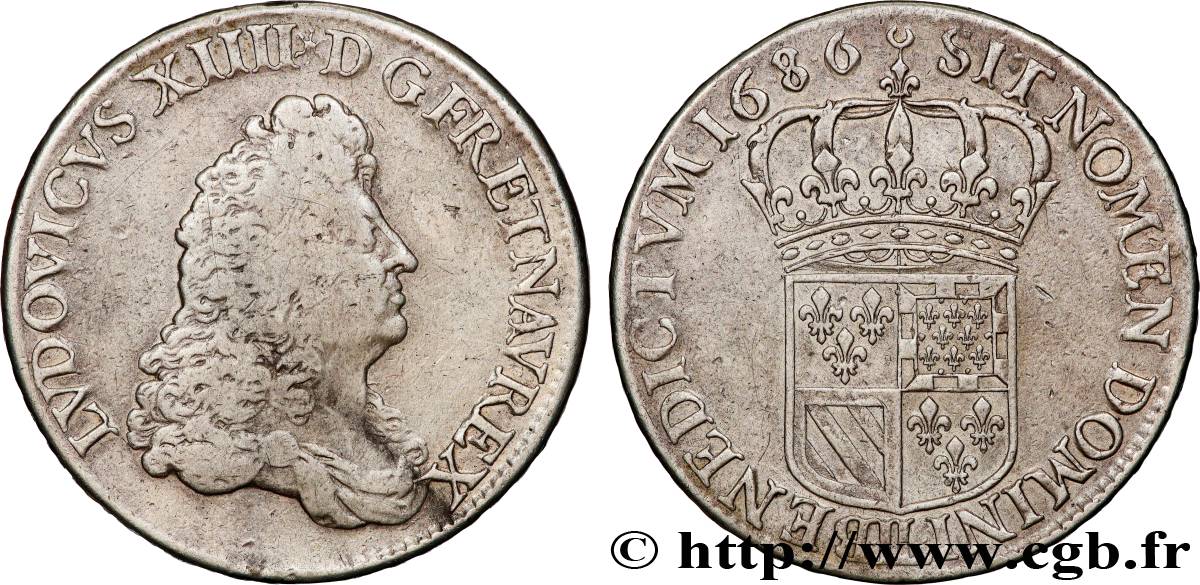 LOUIS XIV LE GRAND OU LE ROI SOLEIL Écu de Flandre 1686 Lille TB+/TTB