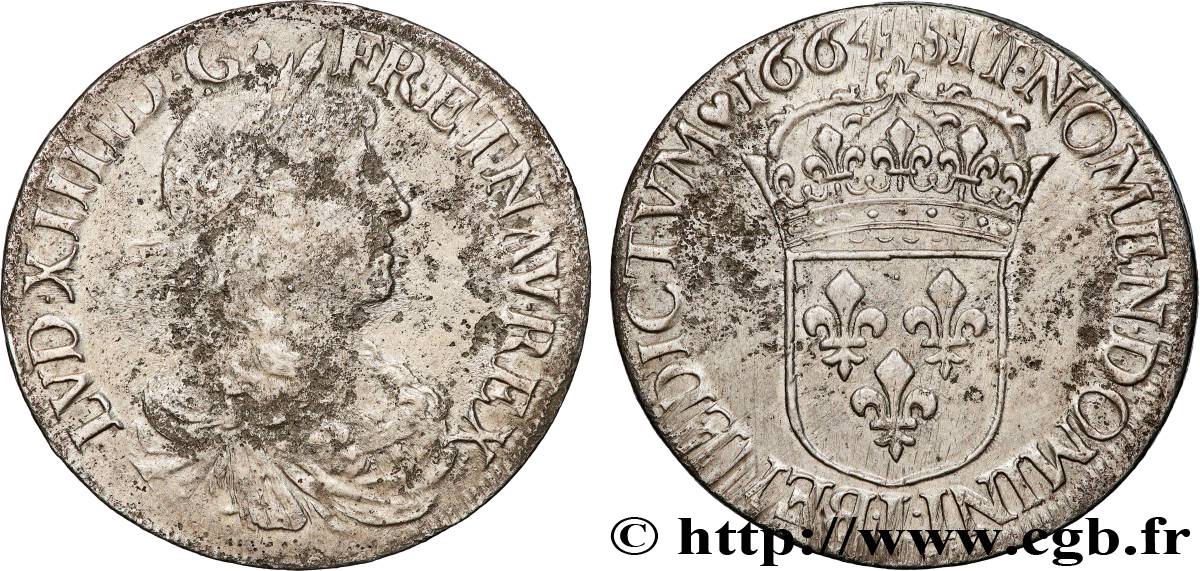 LOUIS XIV  THE SUN KING  Écu, portrait apollinien 1664 Bayonne F/VF