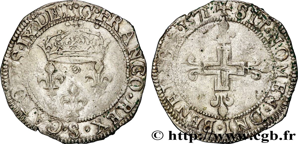 CHARLES IX Double sol parisis, 1er type 1571 Troyes XF/VF