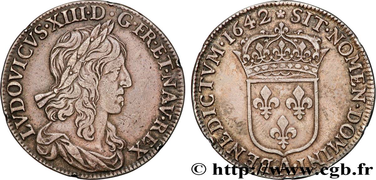 LOUIS XIII LE JUSTE Demi-écu, buste drapé (1er buste de Jean Warin) 1642 Paris, Monnaie de Matignon TB+/TTB