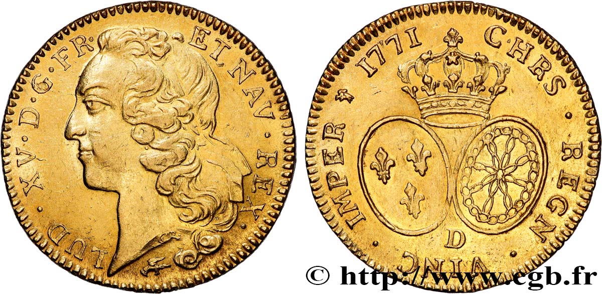 LOUIS XV DIT LE BIEN AIMÉ Double louis d’or aux écus ovales, tête ceinte d’un bandeau 1771 Lyon SUP