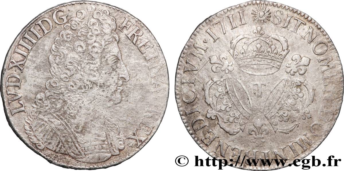 LOUIS XIV LE GRAND OU LE ROI SOLEIL Écu aux trois couronnes 1711 Nantes TB