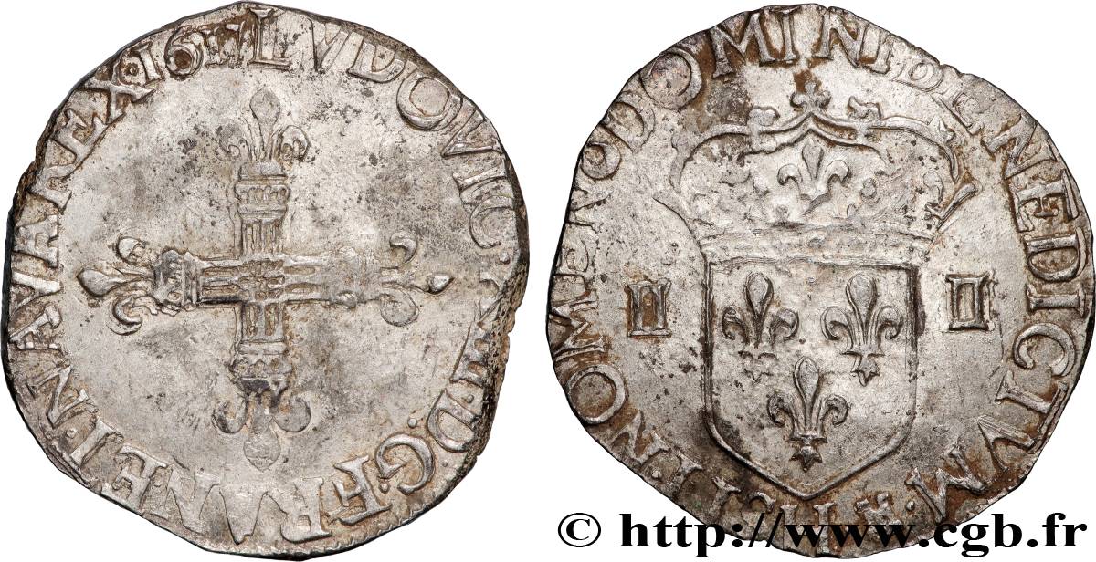 LOUIS XIII Quart d écu, à la croix fleurdelisée, titulature côté croix 1617 La Rochelle XF