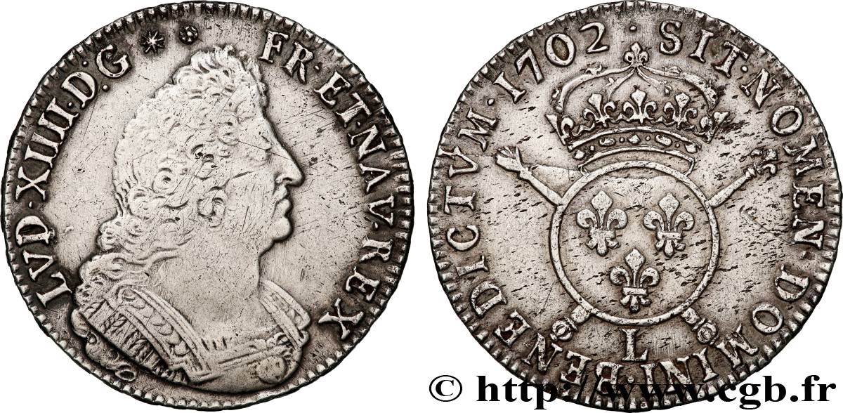 LOUIS XIV LE GRAND OU LE ROI SOLEIL Écu aux insignes 1702 Bayonne TTB/TTB+