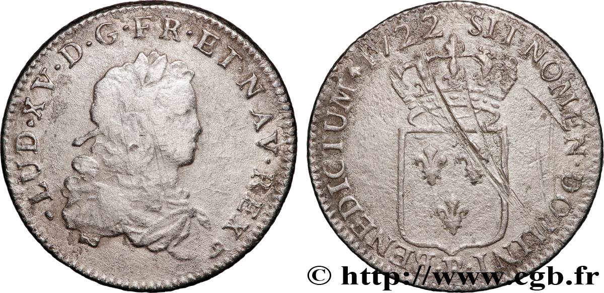 LOUIS XV  THE WELL-BELOVED  Tiers d écu de France 1722 Rouen VF