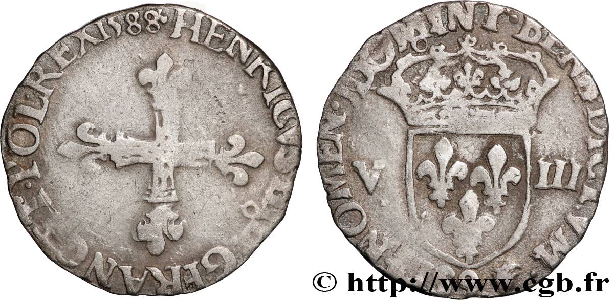 HENRY III Huitième d écu, croix de face 1588 Rennes VF