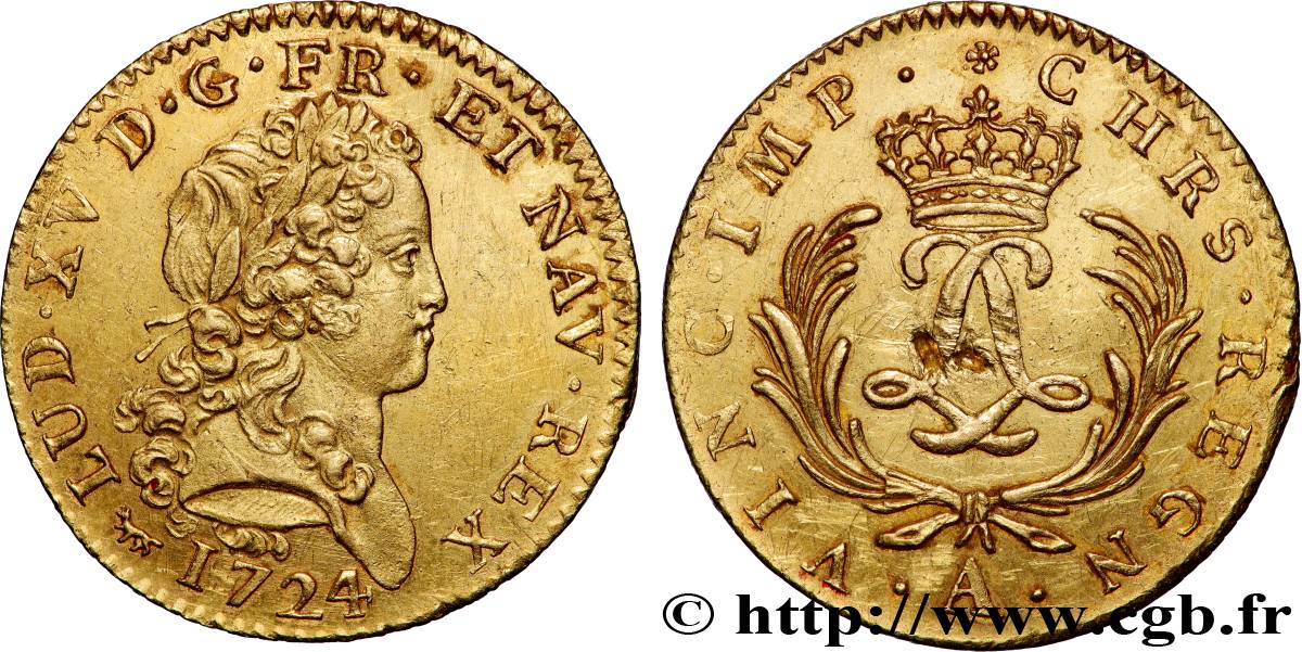 LOUIS XV DIT LE BIEN AIMÉ Double louis d’or aux deux L entrelacées et aux palmes 1724 Paris