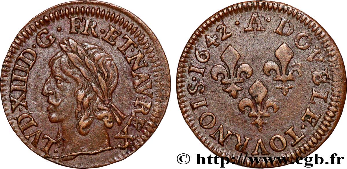 LOUIS XIII LE JUSTE Double tournois, type de Warin 1642 Corbeil SUP