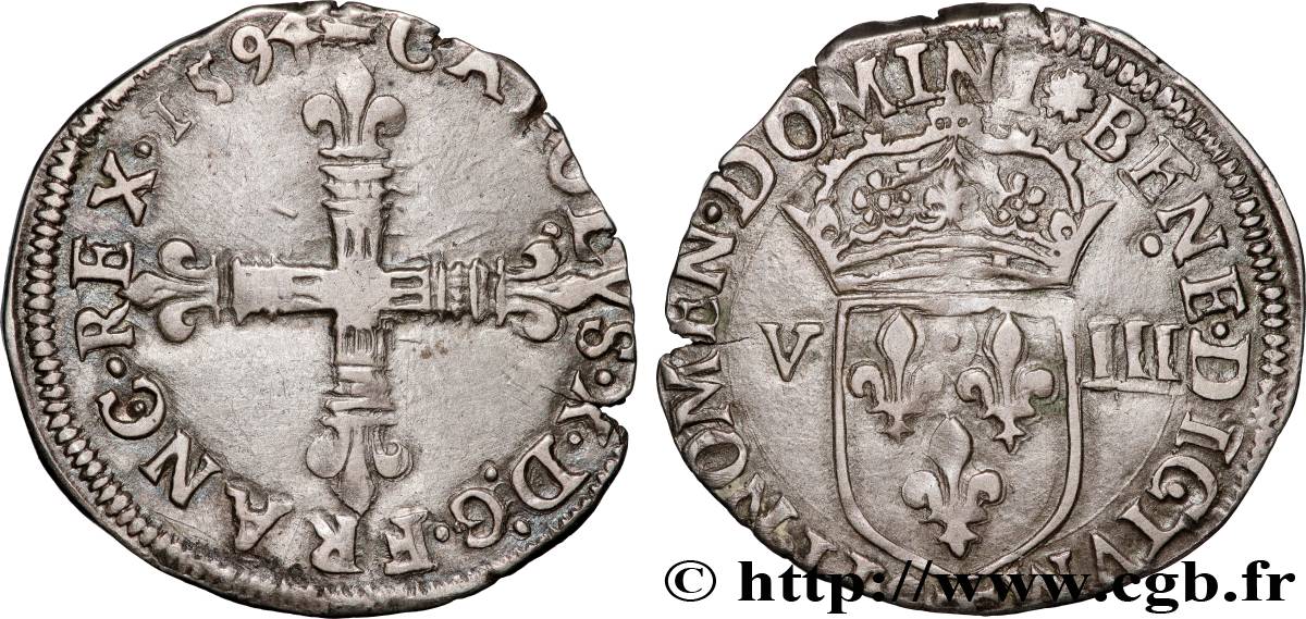 CHARLES X, CARDINAL DE BOURBON Huitième d écu, croix de face 1594 Nantes TB+