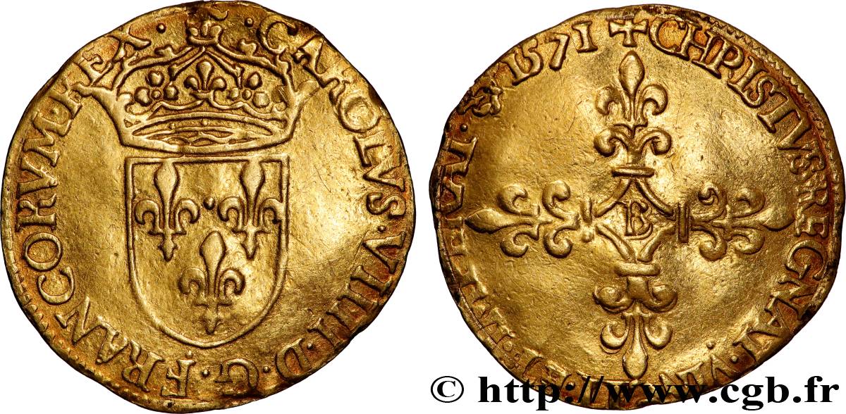 CHARLES IX Écu d or au soleil, 1er type 1571 Rouen TB+