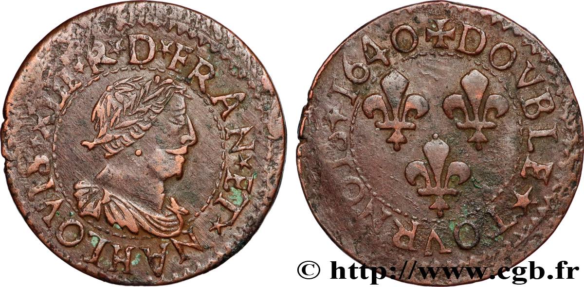 LOUIS XIII Double tournois, 15e type de La Rochelle 1640 La Rochelle AU