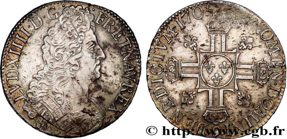 LOUIS XIV  THE SUN KING  Écu aux huit L, 2e type 1705 Rennes MBC+