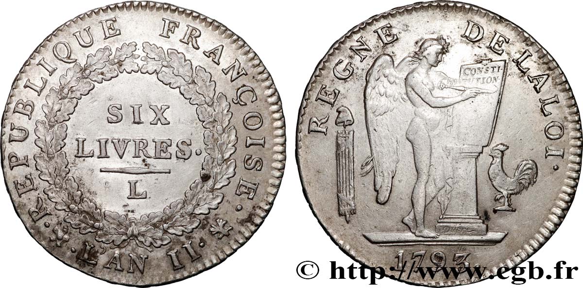 CONVENCION NACIONAL Six livres dit  au génie  1793 Bayonne MBC+/MBC