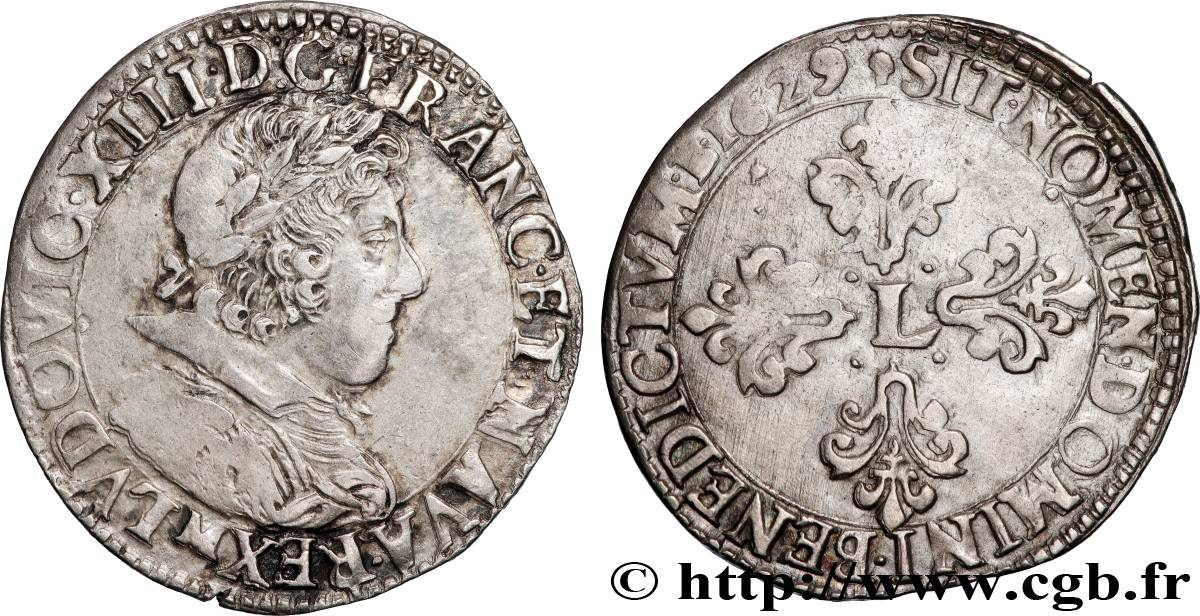 LOUIS XIII LE JUSTE Demi-franc au buste juvénile lauré au petit col plat 1629 Toulouse TTB