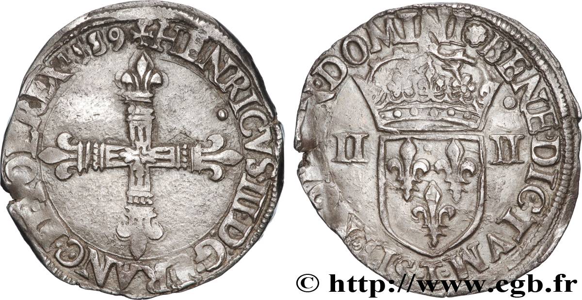 HENRY III Quart d écu, croix de face 1589 Nantes XF/AU