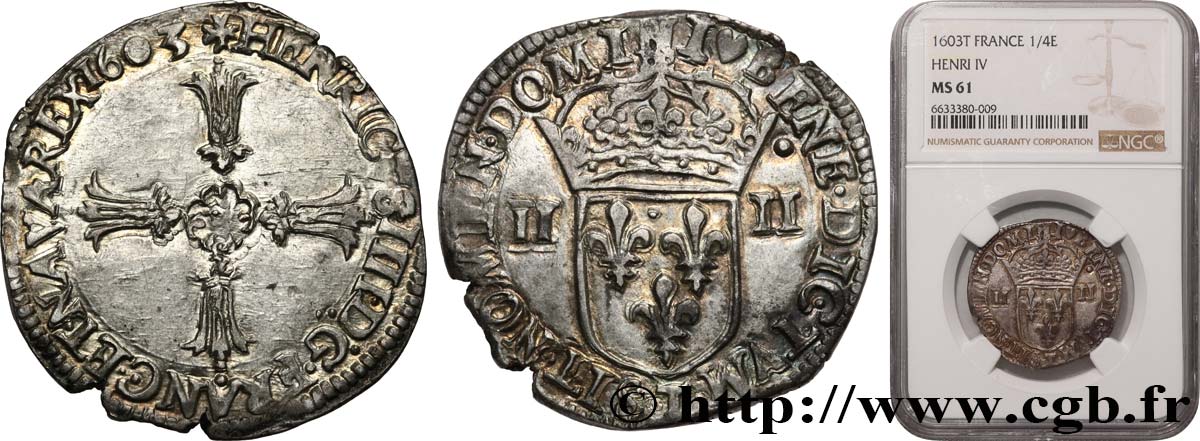 HENRY IV Quart d écu, croix feuillue de face 1603 Nantes EBC61