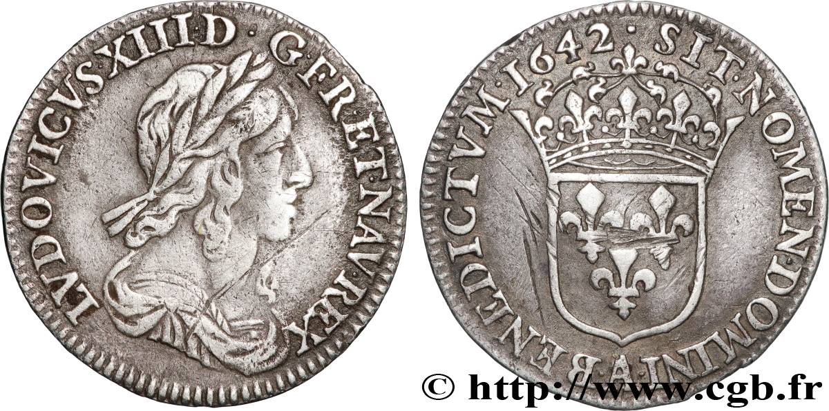 LOUIS XIII LE JUSTE Douzième d écu, buste drapé et cuirassé (2e buste de Jean Warin) 1642 Paris, Monnaie du Louvre TB+