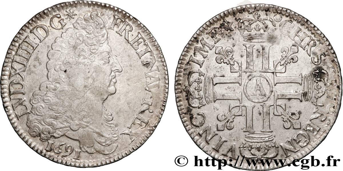 LOUIS XIV LE GRAND OU LE ROI SOLEIL Écu aux huit L, 1er type 1691 Paris TTB/TTB+