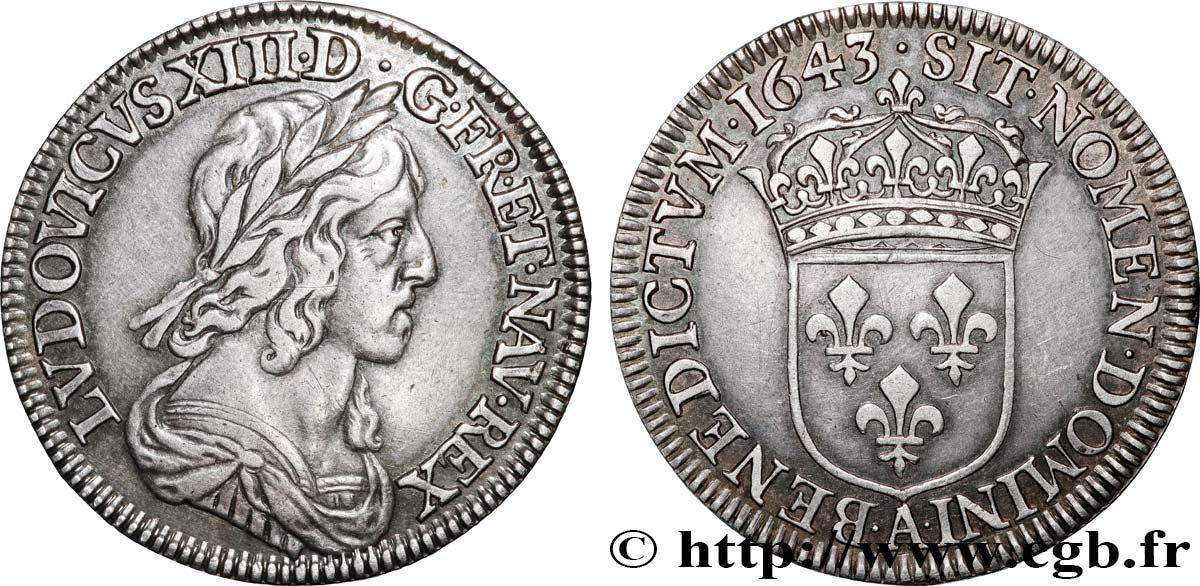 LOUIS XIII LE JUSTE Quart d écu, buste drapé et cuirassé (2e buste de Jean Warin) 1643 Paris, Monnaie du Louvre TTB+