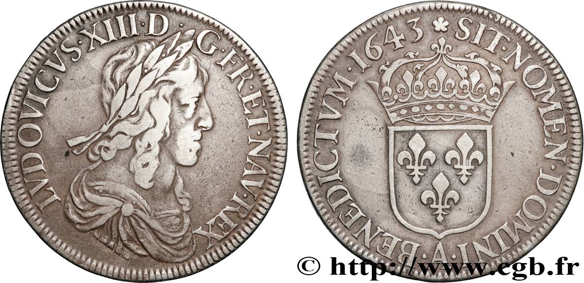 LOUIS XIII LE JUSTE Écu, buste drapé et cuirassé (2e buste de Jean Warin) 1643 Paris, Monnaie de Matignon TB+/TTB