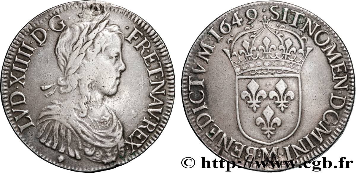 LOUIS XIV  THE SUN KING  Écu, portrait à la mèche longue 1649 Toulouse VF