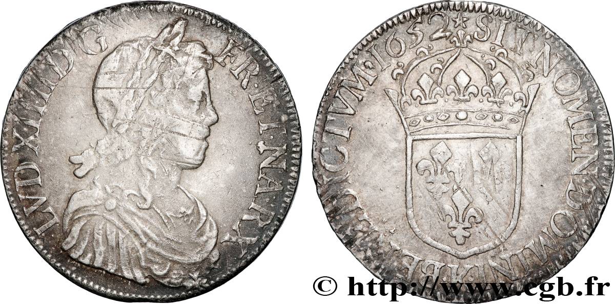 LOUIS XIV  THE SUN KING  Écu, portrait à la mèche longue 1652 Bordeaux VF/XF