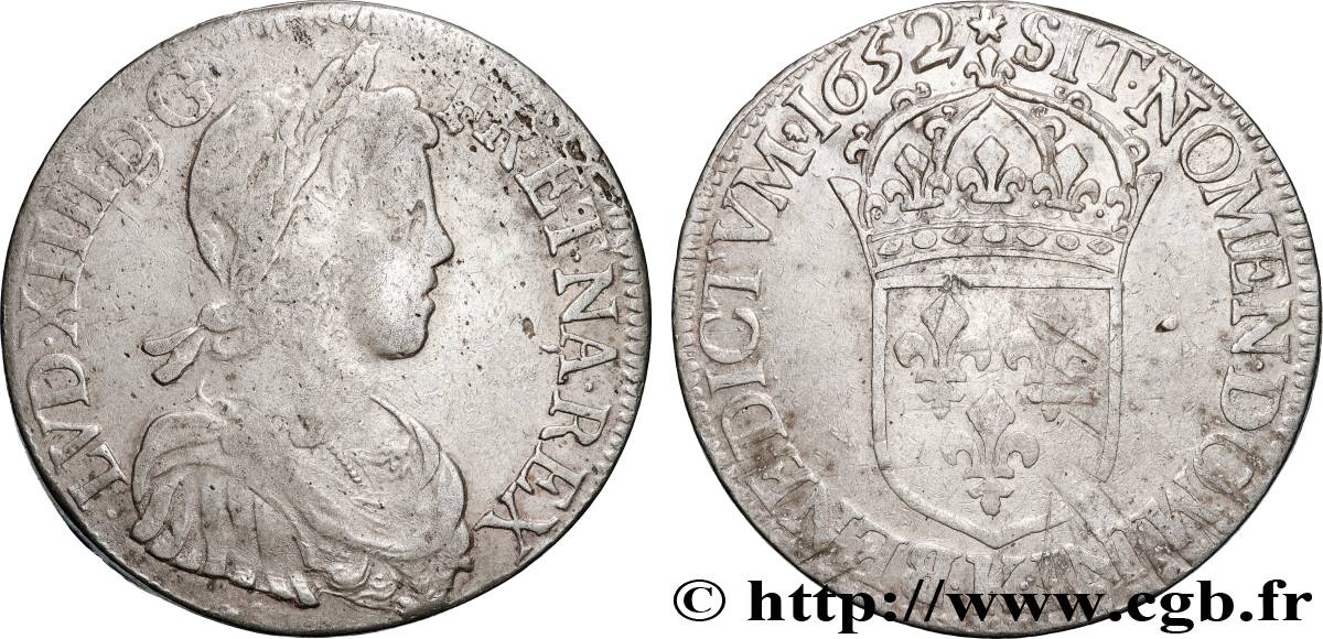 LOUIS XIV  THE SUN KING  Écu, portrait à la mèche longue 1652 Bordeaux VF/VF