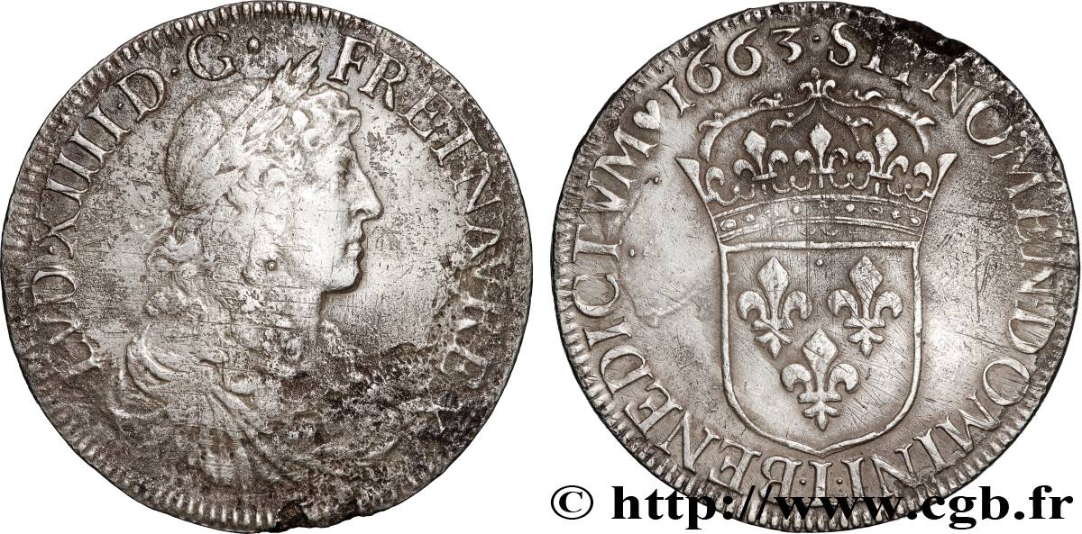 LOUIS XIV  THE SUN KING  Écu, portrait apollinien 1663 Bayonne VF/XF