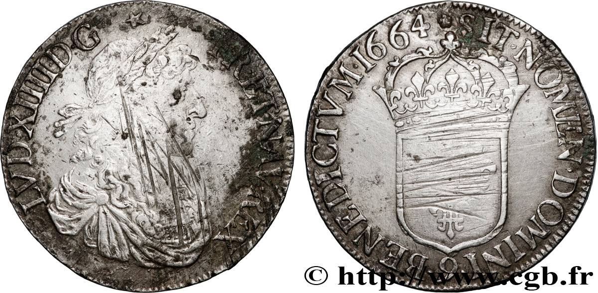 LOUIS XIV  THE SUN KING  Écu, portrait apollinien 1664 Rennes VF