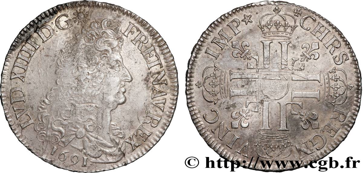 LOUIS XIV  THE SUN KING  Écu aux huit L, 1er type 1691 Tours XF