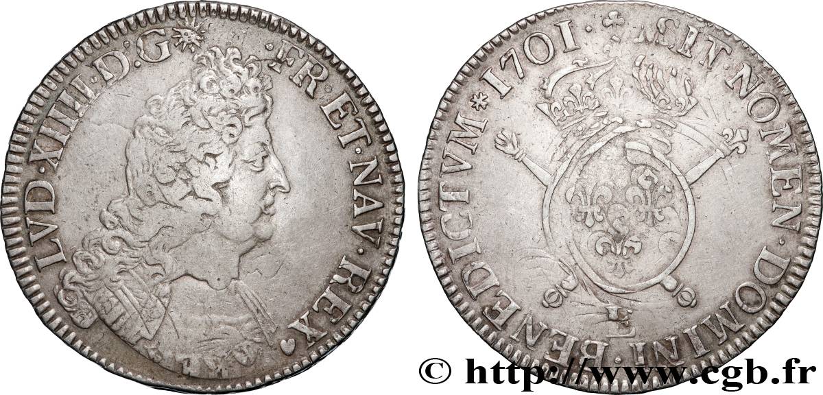 LOUIS XIV  THE SUN KING  Écu aux insignes 1701 Tours XF/VF