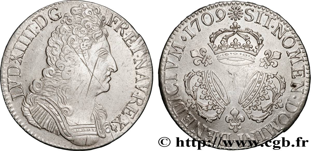 LOUIS XIV  THE SUN KING  Écu aux trois couronnes 1709 Reims XF/AU