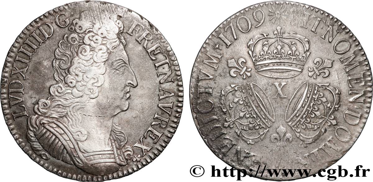 LOUIS XIV  THE SUN KING  Écu aux trois couronnes 1709 Amiens XF