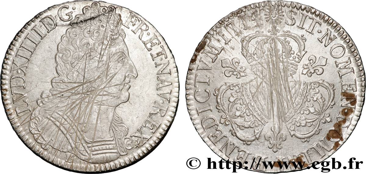 LOUIS XIV  THE SUN KING  Écu aux trois couronnes 1714 Rennes XF