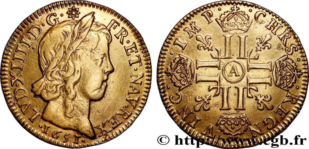 LOUIS XIV LE GRAND OU LE ROI SOLEIL Louis d’or aux huit L, portrait à la mèche longue 1651 Paris TTB/TTB+