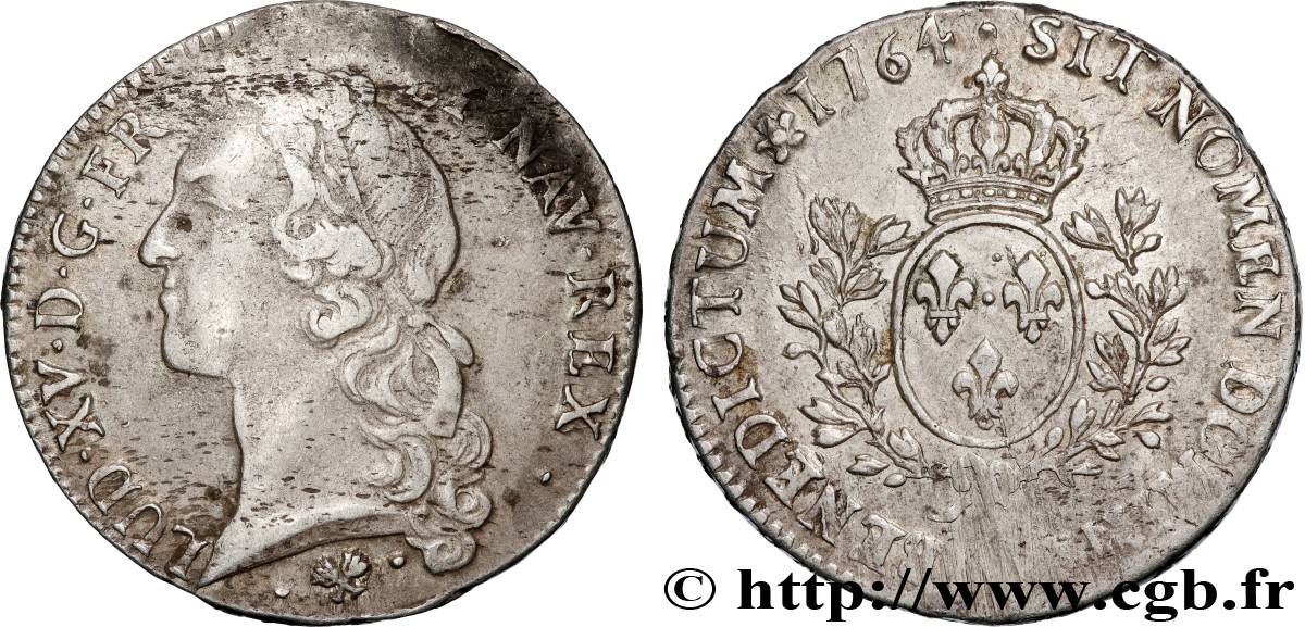 LOUIS XV THE BELOVED Écu aux branches d’olivier, tête ceinte d’un bandeau 1764 Bayonne VF