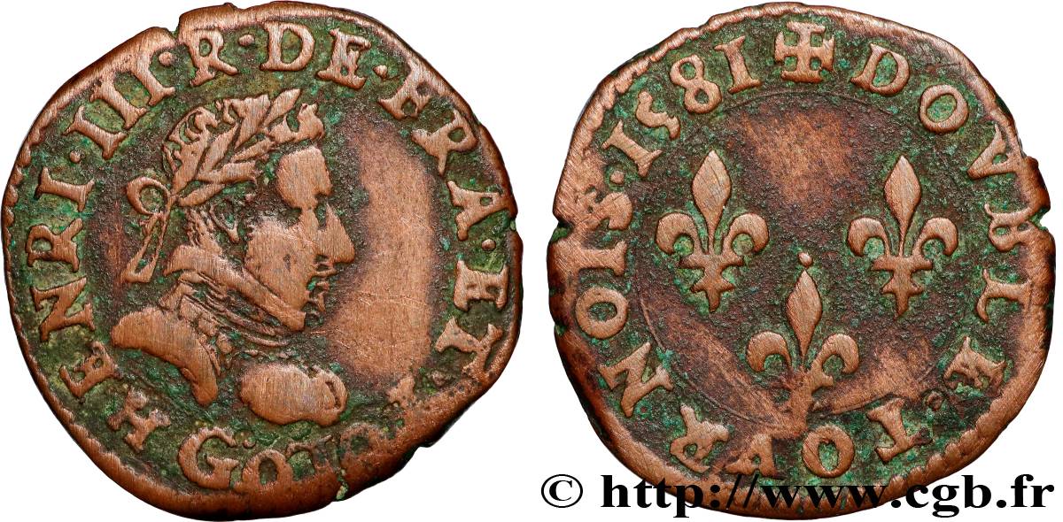 HENRY III Double tournois, type de Poitiers 1581 Poitiers fSS