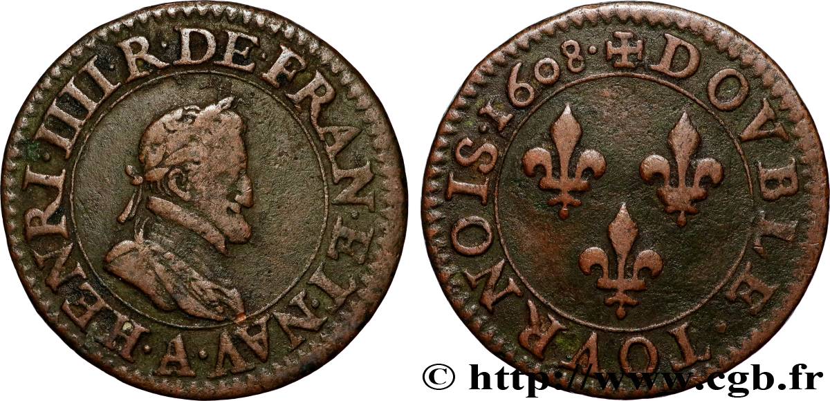 HENRY IV Double tournois, 2e type de Paris (légende française) 1608 Paris VF/XF