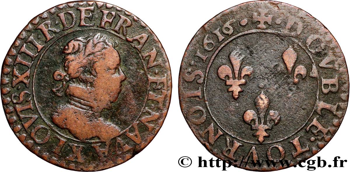 LOUIS XIII  Double tournois, buste enfantin d Amiens, (3e portrait) 1616 Amiens VF/XF