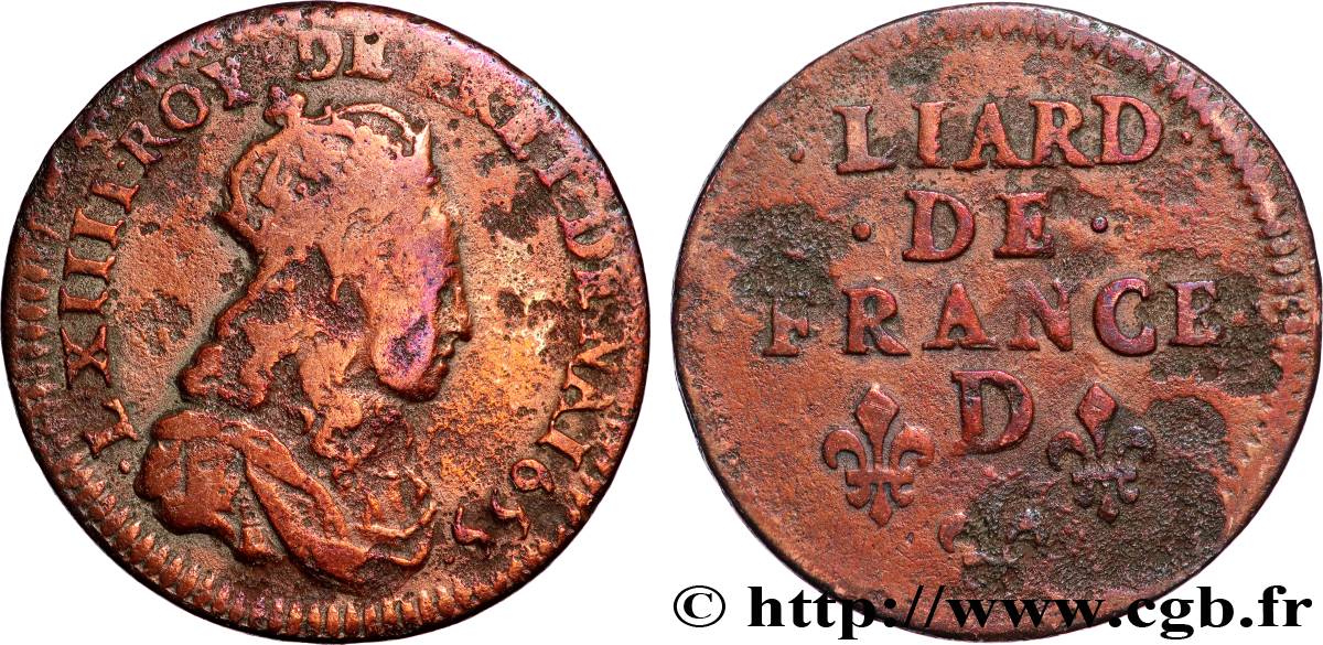 LOUIS XIV  THE SUN KING  Liard de cuivre, 2e type 1655 Vimy-en-Lyonnais (actuellement Neuville-sur-Saône) VF