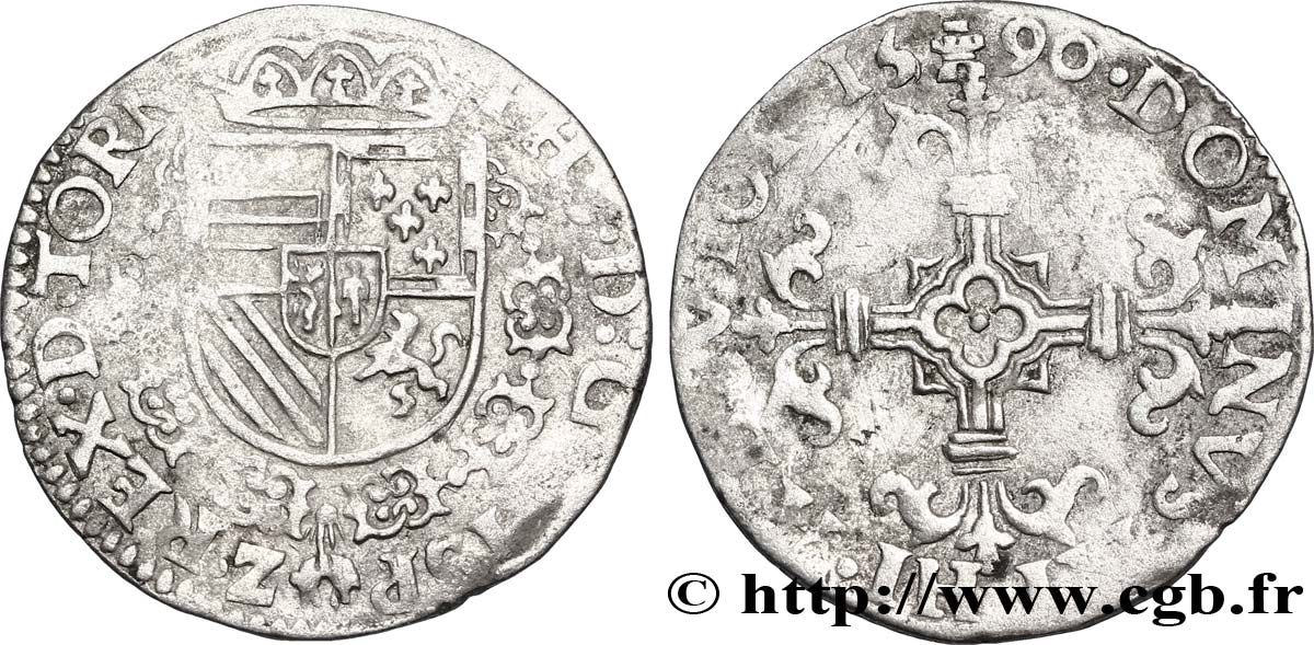 SPANISH NETHERLANDS - TOURNAI - PHILIP II OF SPAIN Vingtième d’écu Philippe 1590 Tournai VF