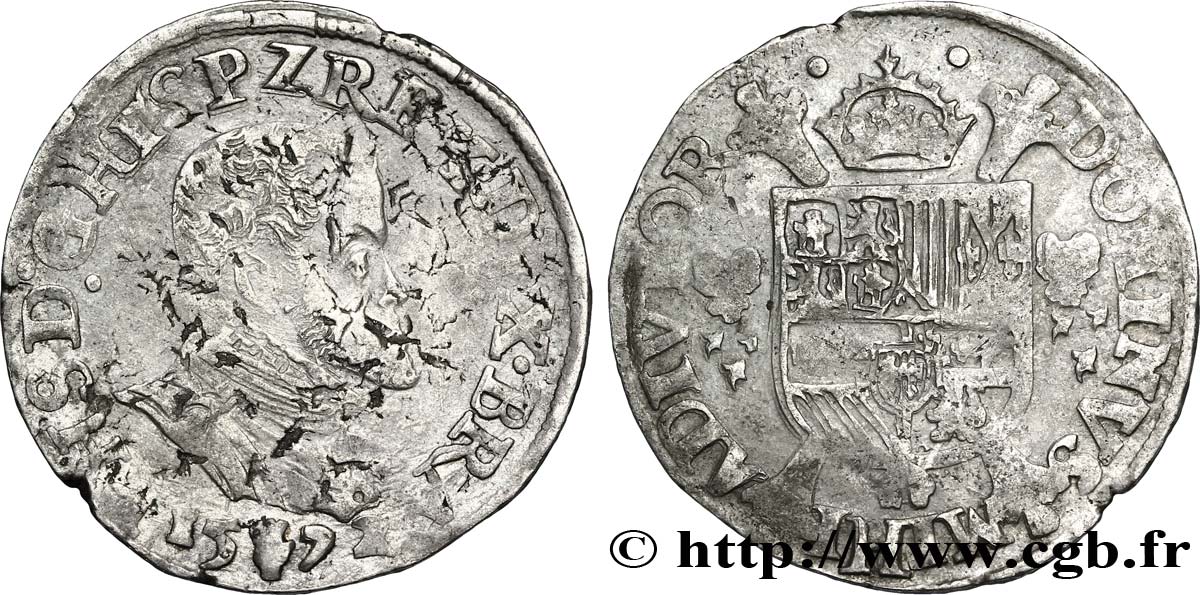 PAYS-BAS ESPAGNOLS - DUCHÉ DE BRABANT - PHILIPPE II D ESPAGNE Cinquième d écu Philippe 1572 Anvers TB+