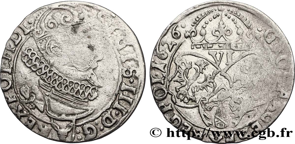 POLOGNE - ROYAUME DE POLOGNE - SIGISMOND III VASA Six groschen ou szostak koronny 1626 Marienburg TB+