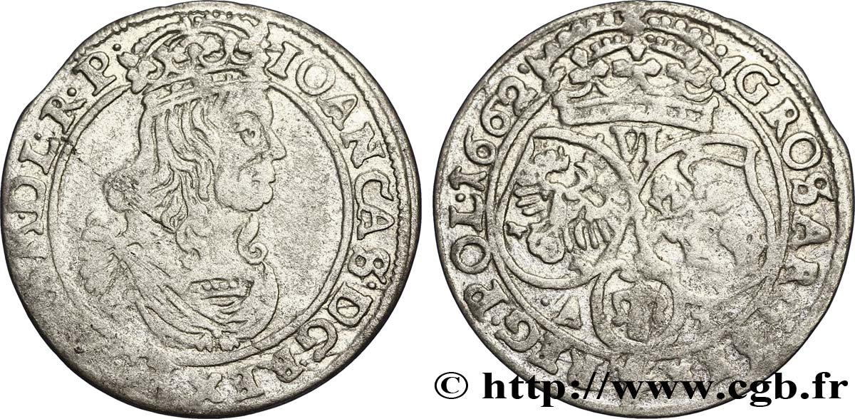 POLOGNE - ROYAUME DE POLOGNE - JEAN II CASIMIR Six groschen ou szostak koronny 1662 Cracovie TTB