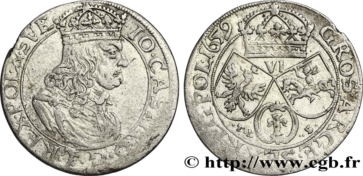 POLAND - KINGDOM OF POLAND - JEAN II CASIMIR Six groschen ou szostak koronny 1659 Cracovie BC+