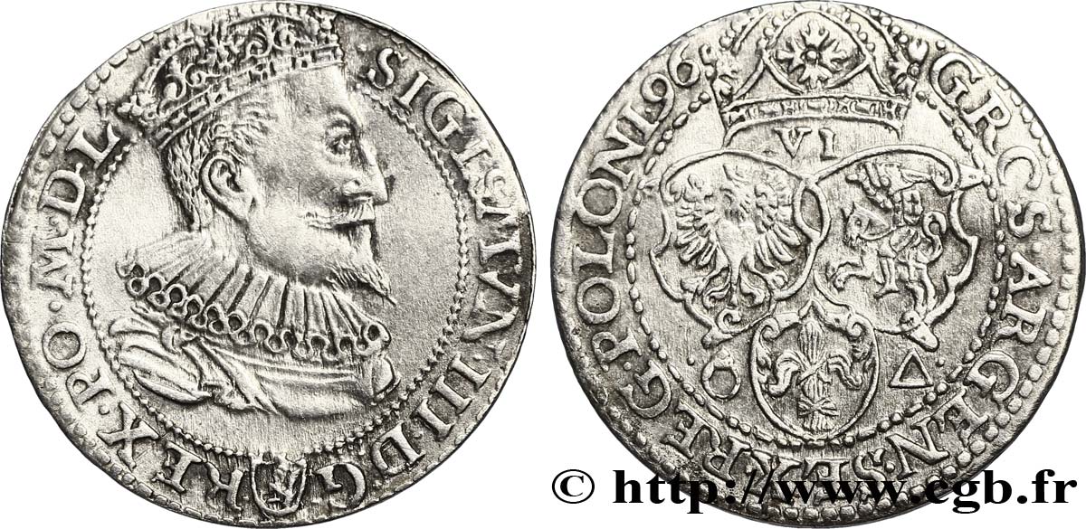 POLOGNE - ROYAUME DE POLOGNE - SIGISMOND III VASA Six groschen ou szostak koronny 1596 Marienburg TTB