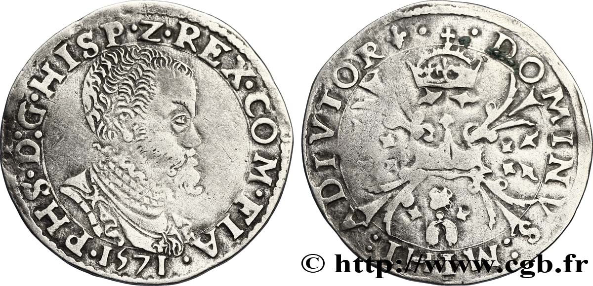 PAYS-BAS ESPAGNOLS - COMTÉ DE FLANDRE - PHILIPPE II D ESPAGNE Dixième d écu Philippe 1571 Bruges TB+