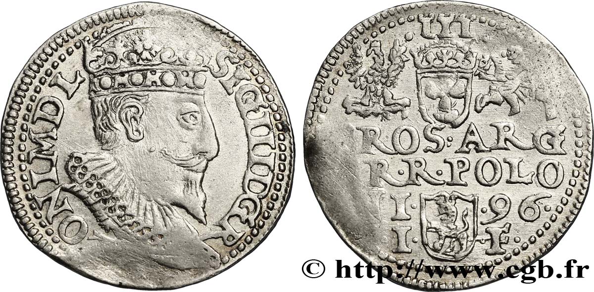 POLOGNE - ROYAUME DE POLOGNE - SIGISMOND III VASA Trois groschen ou trojak koronny 1596 Cracovie TTB